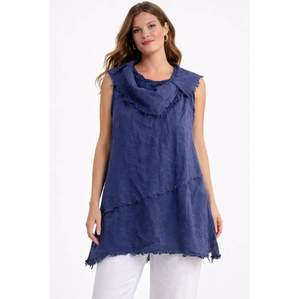 Camille & Co Sz S Oversized Blue 100% Pre-shrunk Linen Lagenlook Raw Seam Tunic - Picture 1 of 8